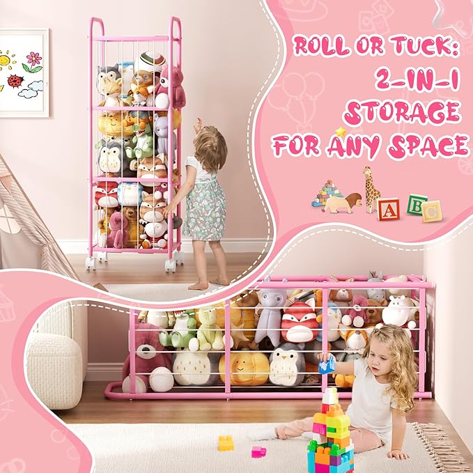 Stuffed Animal Storage Zoo Cage-Stuffed Animal Holder with Heavy Duty Metal Frame & Wheels,Space Save Large Toy Organizer for Kids Holds 50+ Plush Toys for Playroom Bedroom Nursery