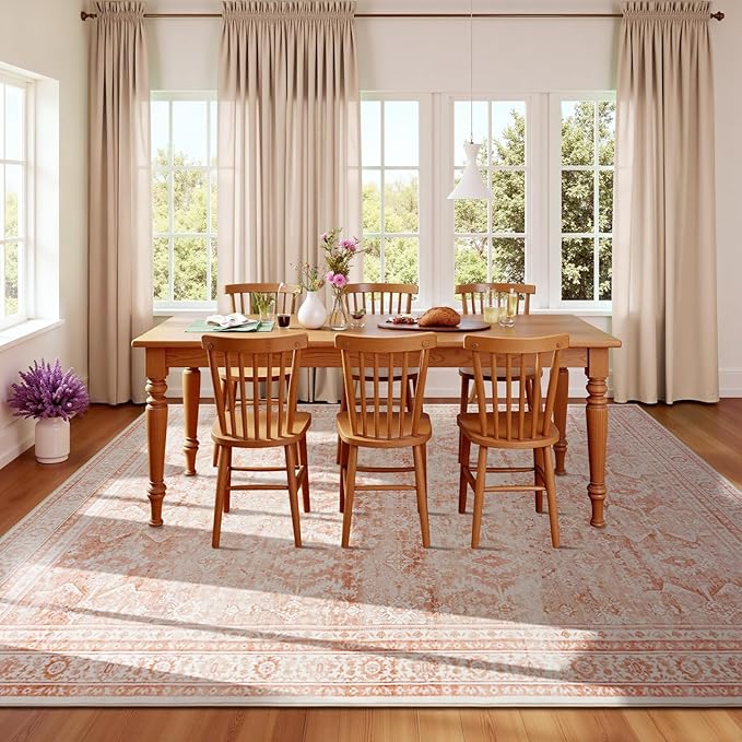 9x12 Area Rugs for Living Room, Pink Washable Non-Slip Large Carpet | Soft Area Rug for Dining Room Home Office Indoor Nursery, Stain Resistant, Low Pile, Foldable Vintage-Style Distressed Rug