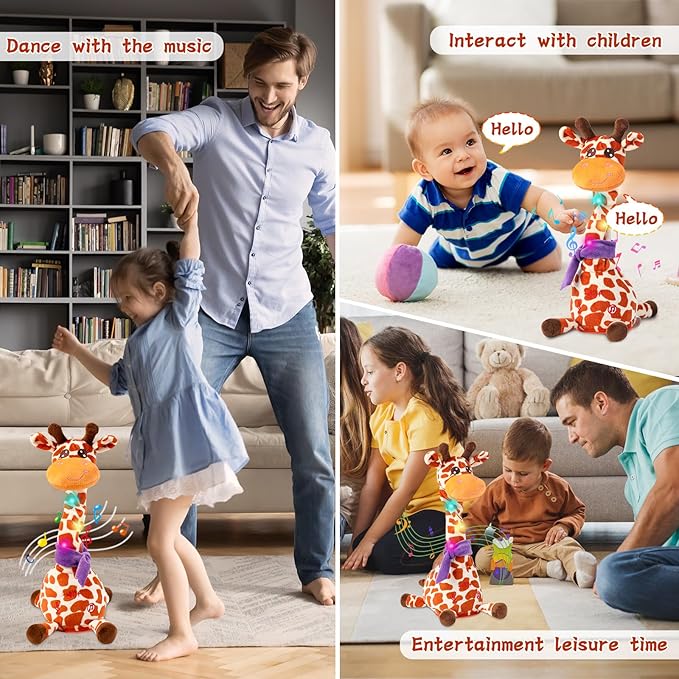LUKETURE Musical Dancing Talking Giraffe Plush Toy, Yellow and White Spotted, Talking Baby Toy with Lights, 10 Songs and Voice Repeat, Soft Sensory Gift