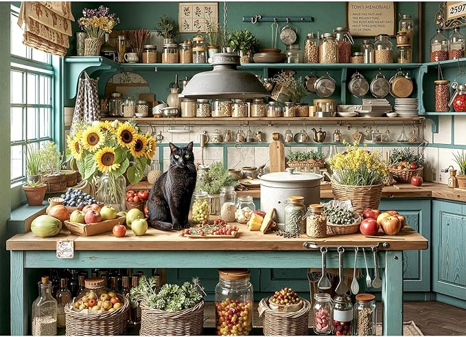 1000 Piece Puzzle for Adults - Black Cat Vintage Country Kitchen Jigsaw Puzzles - Brain Teaser Adult Puzzles - Christmas Birthday Gifts for Women/Men
