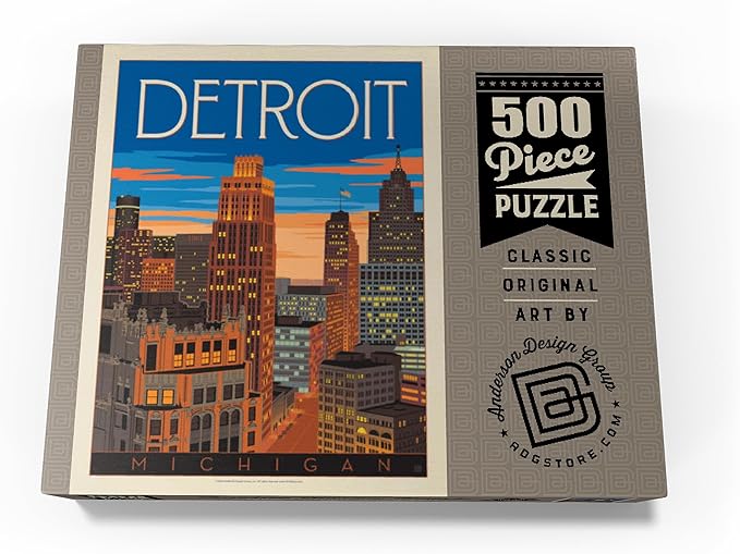 MyPuzzle Detroit, MI: Skyline, Vintage Poster - Premium 500 Piece Jigsaw Puzzle for Adults