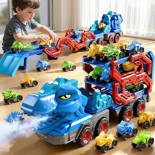 Toddler Car Truck Toys for Kids Ages 3-5, 10-in-1 Dinosaur Carrier Truck with Foldable Track Toys with Spray, Light & Sounds and 9 Dino Cars, Birthday Gift for 3 4 5 6 7 8 Years Old Boys Girls