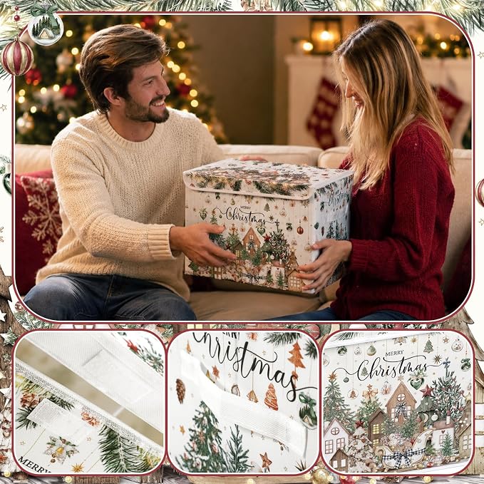 Briwooody Neutral Christmas Storage Bin with Lid and Carrying Handle Christmas Tree Foldable Storage Box Large Xmas Decorative Collapsible Container Basket for Organizing Closet Home Bedroom Gift