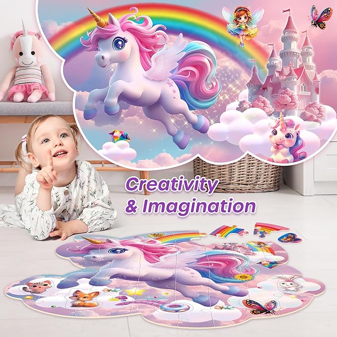 SYNARRY Unicorn Floor Puzzles for Kids Ages 4-6, Large 45 Piece Floor Puzzles for Kids Ages 4-8, Puzzles for Toddlers 3-5, Unicorn Toys Gifts, Easter Basket Stuffers Valentines Day Gifts for Kids