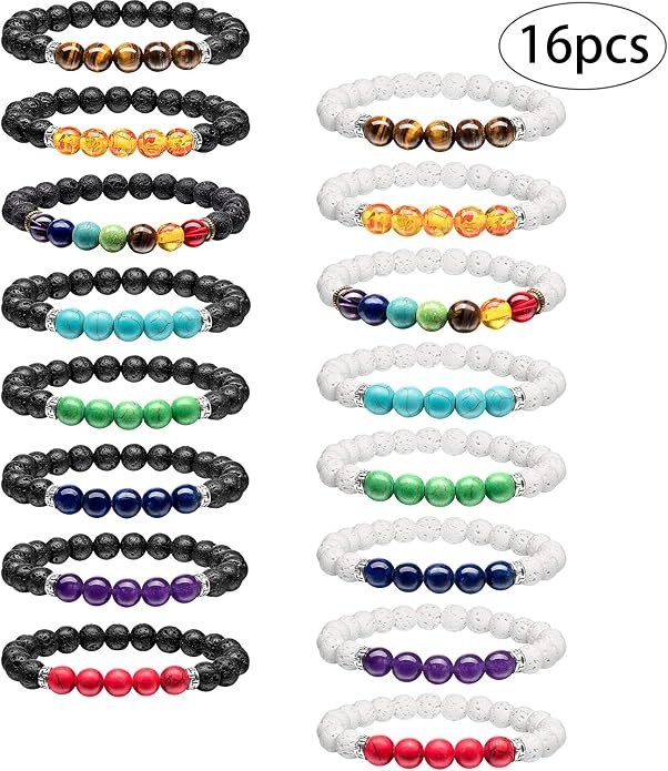 Hicarer 16 Pieces Men Women 8mm Lava Rock Bracelets 7 Chakra Aromatherapy Essential Oil Diffuser Bangle Natural Stone Beads Bracelet