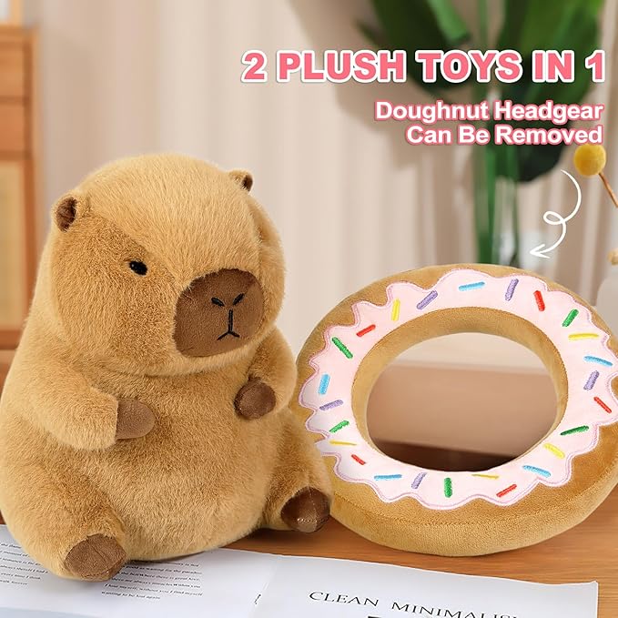Ditucu Cute Capybara Plush Pillow with Wearable Donut Headgear Stuffed Animal Food Capibara Plushies Toys Gifts for Kids Brown 11 inch