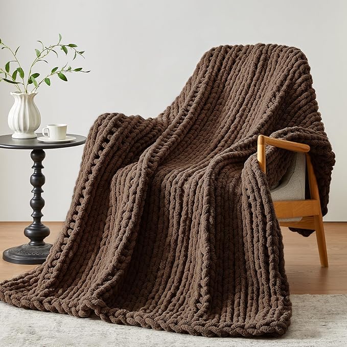 Negwoo Chunky Knit Throw Blanket, Knitted Throw Chenille Yarn, 30"*40" | Soft Thick Cable Knitted Blankets, Handmade Big Thick Blanket, Machine Washable Cute Comfy Blanket for Home Decor, Dark brown