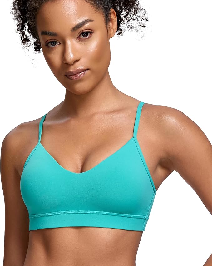 Oalka V Neck Sports Bra for Women Adjustable Padded Thin Straps Wireless Yoga Bras