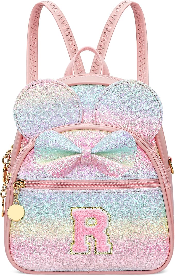 KKXIU Initial Bowknot Mini Backpacks for Girls Women, Small Cute Backpack Purse, Personalized Valentines Day Gifts for Toddler, Kids and Teen Girls(R, Rainbow)