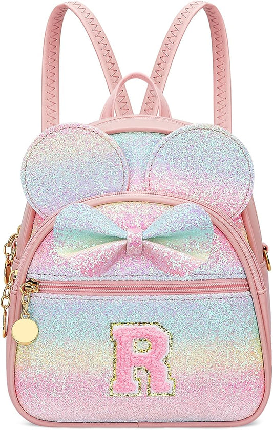KKXIU Initial Bowknot Mini Backpacks for Girls Women, Small Cute Backpack Purse, Personalized Valentines Day Gifts for Toddler, Kids and Teen Girls(R, Rainbow)