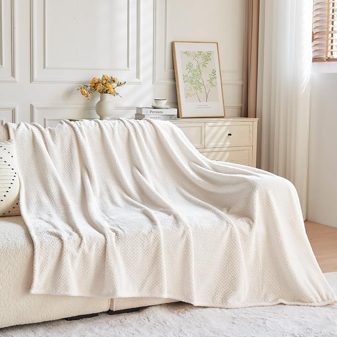 NEWCOSPLAY Fleece Leaves Pattern Queen Blanket, Ivory, 90"x90" | Super Soft Throw Blanket, Lightweight Cozy Bed Sofa Blanket, Premium Silky Flannel Fleece, Travel Blanket for All Season Use