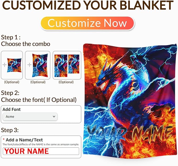 Boys Dragon Blankets Gift Personalized Throw Blankets for Kids Teens - 40x50 Inches Lightweight Soft All Season Cool Decor Custom Throw for Sofa Chair Bed Office