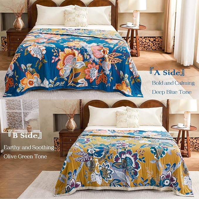 XIBLC Boho Throw Blanket, Blue Lightweight Blankets for Summer, 100% Cotton Bohemian Decorative Throw Blanket, 60"x80" Reversible Muslin Breathable Woven Farmhouse Blankets Quilt,