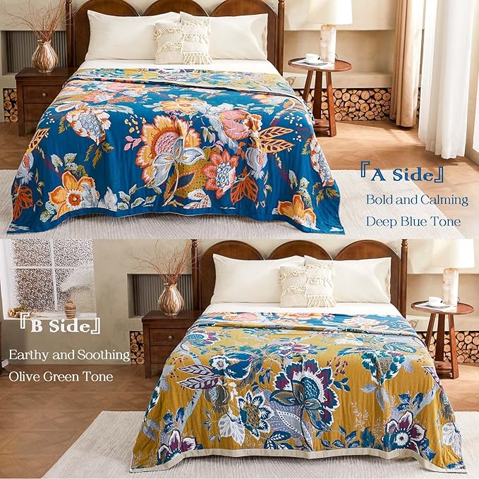 XIBLC Boho Throw Blanket, Blue Lightweight Blankets for Summer, 100% Cotton Bohemian Decorative Throw Blanket, 90"x98" Reversible Muslin Breathable Woven Farmhouse Blankets Quilt,