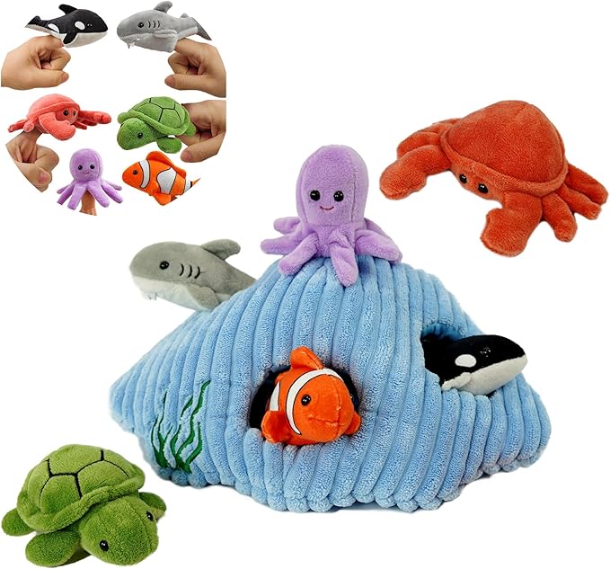 6pcs sea Finger Puppets with a Shell House，Novelty Animals Toys Puppet for Kids, Storytelling Role-Playing Plush Finger Puppets Gifts for Boys and Girls