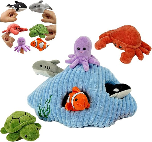 6pcs sea Finger Puppets with a Shell House，Novelty Animals Toys Puppet for Kids, Storytelling Role-Playing Plush Finger Puppets Gifts for Boys and Girls