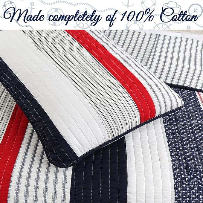 Cozy Line Home Fashions 100% Cotton Sailor Navy Blue Star Striped Reversible Bedding Quilt Set (Patriotic Stripe, Twin)