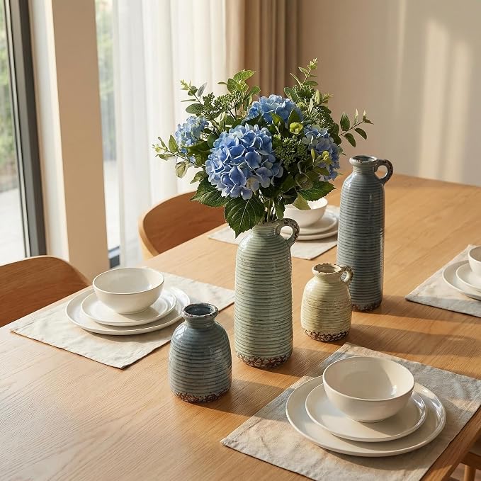 Ceramic Vase Set of 3 with Handles, Blue Neutral Rustic Modern Farmhouse Boho Decor, Versatile as Table Centerpiece or Mantel & Shelf Accent - Unique Home Gift Idea