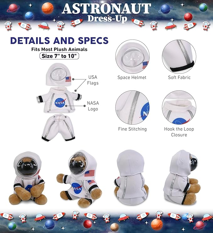 DolliBu Astronaut Dress Up Set for Teddy Bear Plush Toy - Astronaut Stuffed Animal Costume Outfit with Jacket, Helmet, and Pants, Create Cute NASA Space Toys for Kids With Clothes Dress Up Set - Large