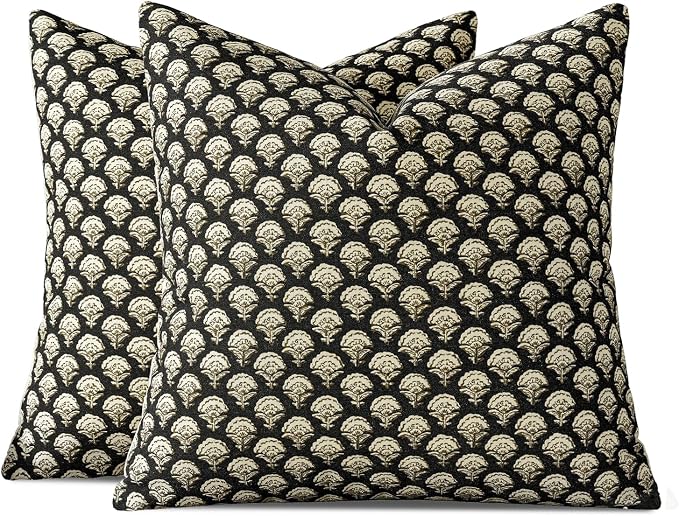 MIULEE Floral Print Decorative Euro Pillow Covers 22x22, Black Gold | Vintage Boho Farmhouse Modern Home Decor, Set of 2, Block Print Cushion Covers for Couch Sofa Bed Living Room