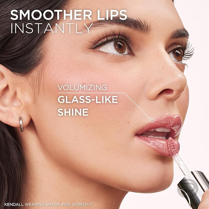 L'Oreal Paris Plump Ambition Hyaluron Lip Oil, 24 HR Lip Gloss with Hyaluronic Acid, Volumizing Formula with Glass-Like Shine, Milky Nu 201, 0.16 Fl Oz