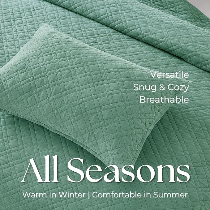 Queen Quilt Set with Shams Lightweight Quilted Bedspread Coverlet Thin Comforter Bed Cover Vintage Washed Quilted Blanket for All Season, Brushed Microfiber Diamond Stitching, Green, 88"x92"