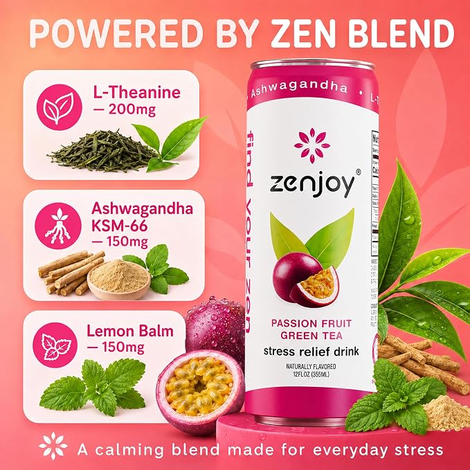 Zenjoy Adaptogen Drink Stress Relief Tea | Non Alcoholic Calming Drink w/Ashwagandha, Lemon Balm & L-Theanine for Focus | Stress Tea Calming Social Mocktail with Adaptogens (12 Pack, Passion Fruit)