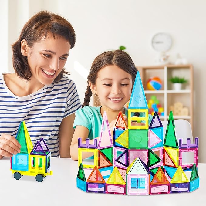 61pc Magnet Tile Building Blocks with Car Base Drawstring Carry Bag Magnetic Construction Toy Structure Build Magnets Toyset Preschool Montessori Toys for Sensory STEAM Education Age 3+ EP61