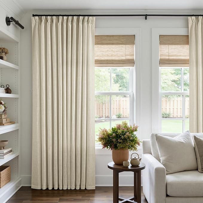 Pinch Pleated Extra Wide Beige Linen Curtain 84 Inches Long 70 Wide 1 Panel | for Patio Sliding Door Living Room, Pinch Pleat with Hooks Rings, Room Divider, Light Filtering Semi Sheer Privacy W70xL84