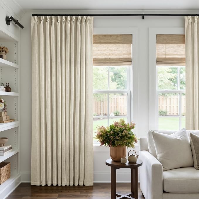 Pinch Pleat Extra Wide Beige Linen Curtain 108 Inches Long 70 Wide 1 Panel | for Patio Sliding Door Living Room, Pinch Pleat with Hooks Rings, Room Divider, Light Filtering Semi Sheer Privacy W70xL108