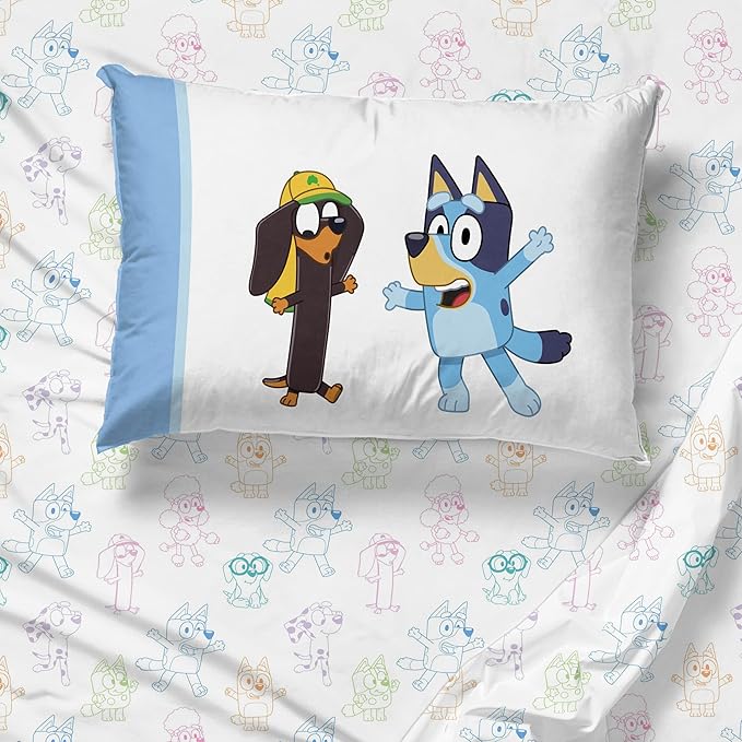 Jay Franco Bluey Twin Size Comforter Set - 4 Piece Bedding Includes Sheet Set, Pillow Covers & Bonus Duffle Bag - Super Soft Kids Bedding with Bingo, Muffin, Coco & Snickers