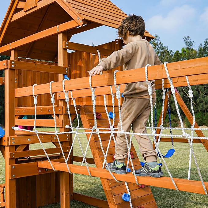 Dolphin Playground Wooden Swing Sets, Monkey bar, Plank Bridge with Rope Mesh, 2 Wave Slides, Large Climbing Wall, Outdoor Table, Saucer Swing, Playground Sets for Backyards, Outdoor Playset