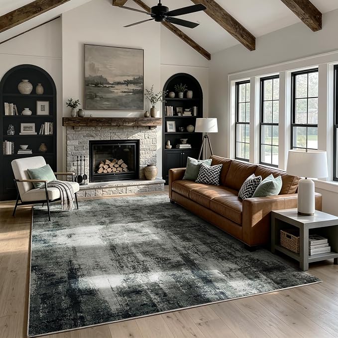 Washable Rugs 8x10 Area Rugs for Living Room,Bedroom,Dining Room-Neutral Modern Abstract Rugs with Non Slip Backing,Large Soft Carpet for High-Traffic Areas Nursery Home Office(Gray Black)