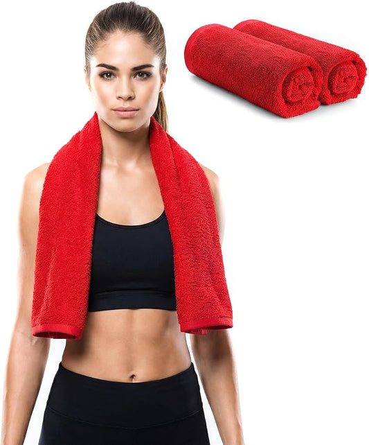Sports Towel - Double Pack (2 Pieces), 12"x51", Red, 100% Cotton - Oeko-Tex Certified, Very Absorbent and Quick-Drying, for Fitness, Gym and Yoga