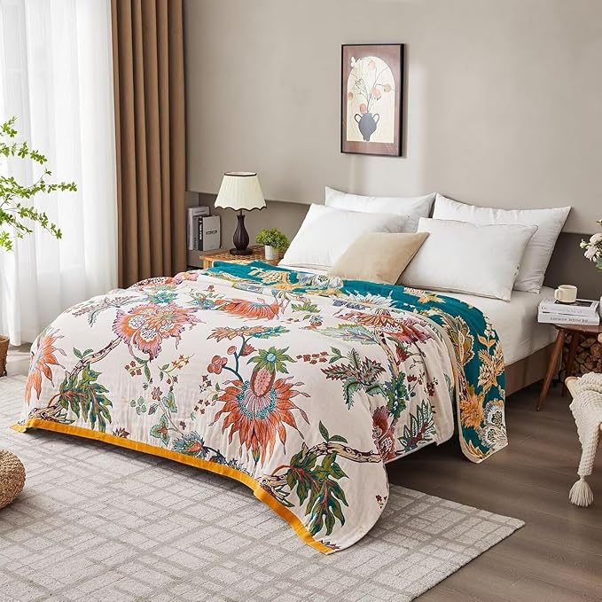 Boho Throw Blanket for Bed 100% Cotton Bohemian Blankets Ultra Soft Woven Muslin Decorative Blankets All Seasons Vintage Quilt Knitted Blanket for Sofa Chair(Beige, 90"x98")