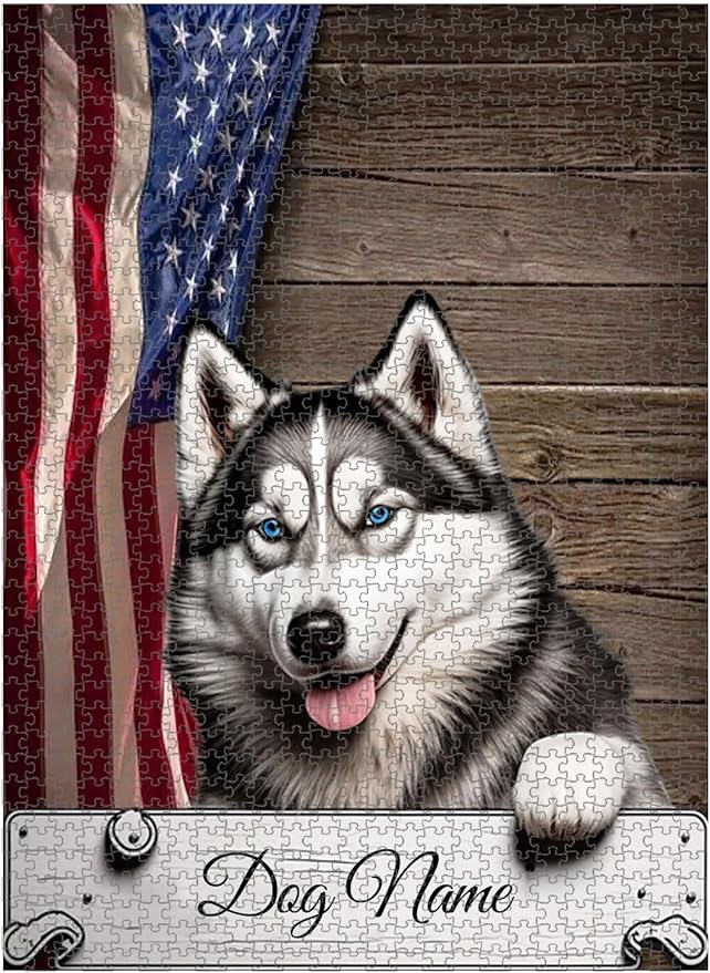 Custom Wooden Jigsaw Puzzles with Your Dog's Name on Siberian Husky Art Print - 300 500 1000PCS Puzzles Game and Home Wall Decor