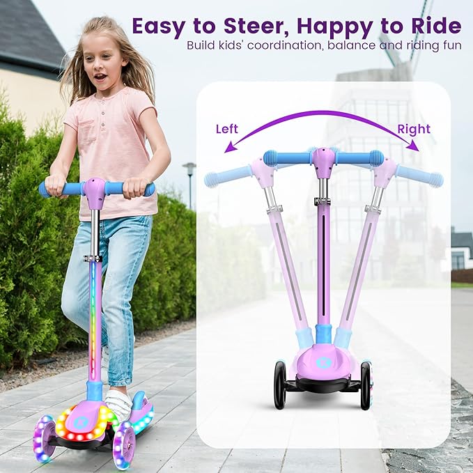 2-in-1 Adjustable Kick Scooter for Kids 3-5 (Suitable 3-12 Years),5-Level Handlebar & Removable Seat, LED Light-Up Wheels, Wide Deck, Foldable Design for Indoor/Outdoor Use - Girls & Boys