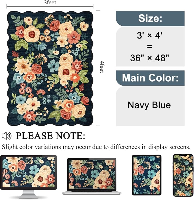 DUKINO 3x4 Rug, Non Slip Floral Washable Area Rug for Entryway, Navy Blue | Soft, Low Pile, Non-Shedding Indoor Throw Rugs for Kitchen, Hallway, Bedroom, Bathroom, Laundry, Pet Friendly, Home Decor