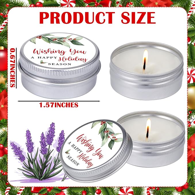 MTLEE 50 Pcs Happy Holiday Candles Gift Favors for Guests 1 oz Christmas Holly Lavender Scented Soy Wax Aromatherapy Candle Favors for Xmas Winter Bridal Shower Wedding Party Guests