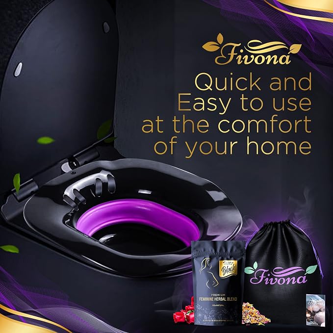 FIVONA 4 in 1 Yoni Steam Kit Black - Foldable Over The Toilet Steamer Seat with Herbal Blend, Storage Bag and Steam Gown - Effective Detox pH Balance Cleansing and Relaxation