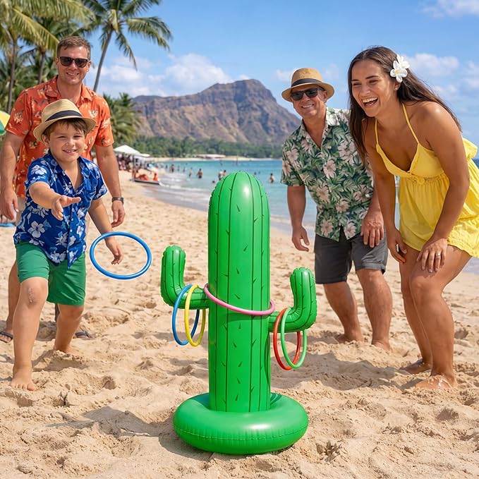 Hungdao 40 Inch Mexican Inflatable Cactus Ring Toss Game Set, Target Toss Party Games with 10 Pcs Rings Floating Summer Activity for Mexicano Fiesta Outdoor Beach Decor Cinco De Mayo Party
