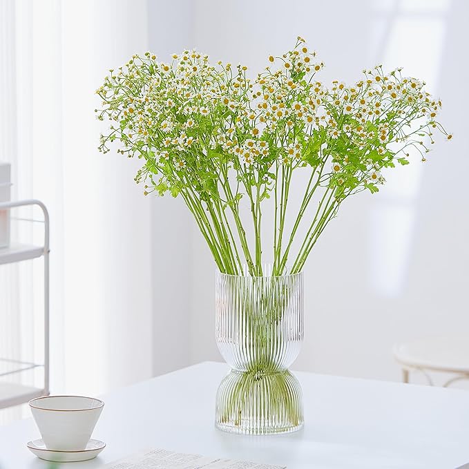 7.5 inch Vase for Flowers, Clear Ribbed Thickened Glass Vases, Hourglass Bud Flower Vase for Bookshelf, Dinner Table, Indoor Office Desktop, Meeting Room, Bathroom, Home Decor, Christmas Decoration