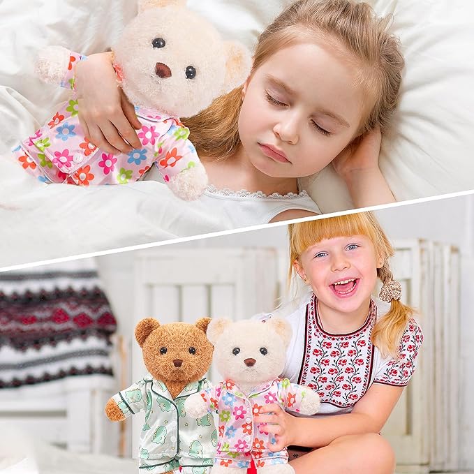 2 Sets Bear Clothes Stuffed Animal Accessories Pink and Blue Bear Clothes Double Layer Muslin Short Sleeve Top and Bottom Fits Most 14-18 Inch