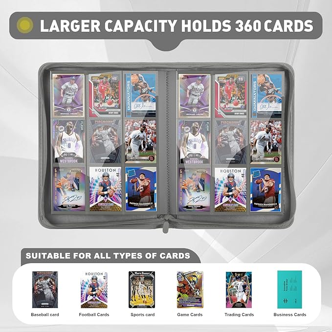 Trading Card Binder 9 Pocket, 360 Pockets Double-Sided Card Album, Premium PU Leather Zipper Card Holder for MTG, TCG, Sports & Game Cards, Must-Have for Collectors（Gray）