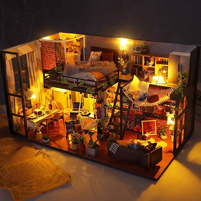 Foyucool DIY Miniature House Kit, Dollhouse Kit with Dust Cover, Mini House Building Kits for for Adult to Building, Christmas Home Decorations Gifts for Family and Friends, Loft