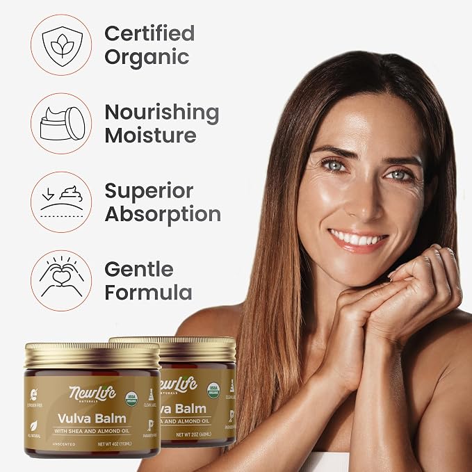 NewLife Naturals SheaCalm Vulva Balm – Certified Organic Vaginal Moisturizer & Vaginal Cream for Dryness – Estrogen-Free Vulva Moisture Support, Made in USA, 2oz