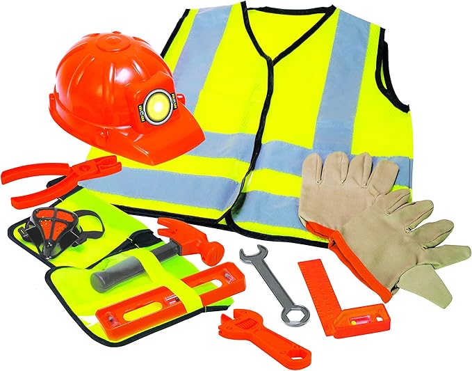 Dr. STEM Toys Construction Worker Roleplay Costume Set with Hat, Tools, Tool Belt, Gloves, and More - Orange and Yellow, One Size Fits Most Kids Ages 3 to 6