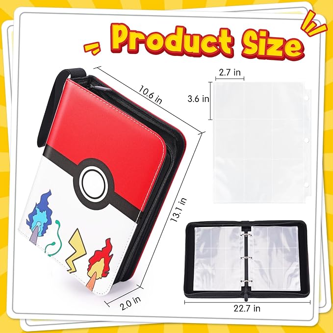 Card Binder – 9 Pocket Zipper Collection Album, Premium PU Holder, Double-Sided Display for 900 Cards, Includes 5 Hard Plastic Sleeves for Game Cards, Sports Cards（Cartoon Stickers）
