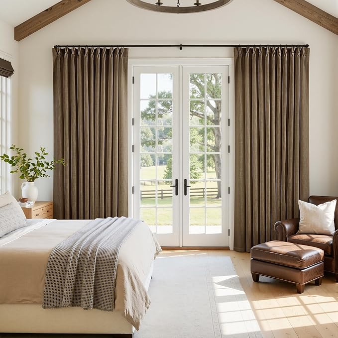 Extra Wide 102 Inch Long Curtains 70 Inch Wide Pinch Pleat Linen Curtains for Living Room Bedroom Light Filtering Privacy Pleated Drapes Hooks Rings Back Tab for Sliding Door Dutch Cocoa 1 Panel