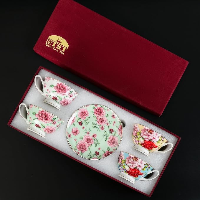 BTaT- Floral Tea Cups and Saucers Set of 4 (8 oz), Porcelain Tea Cup Sets with Gold Trim & Gift Box, Dishwasher & Freezer Safe